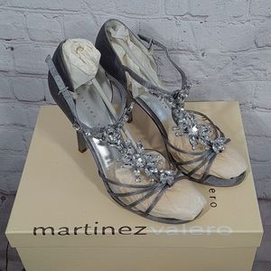 Martinez Valero Crystal Silver Satin Heels